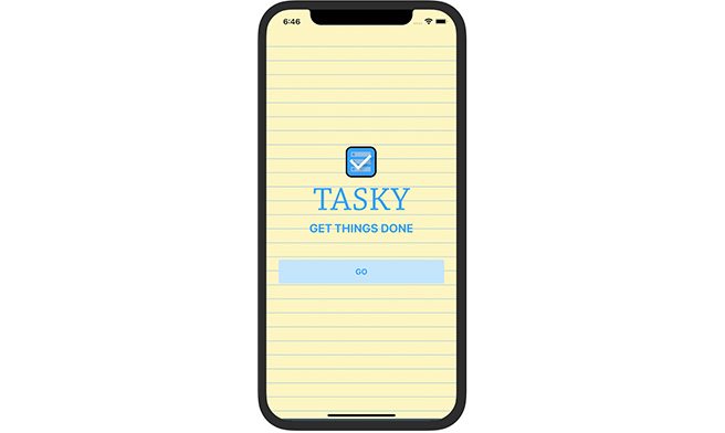 Screenshot of Tasky React Native app on iOS